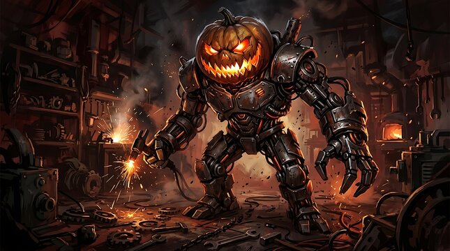 A terrifying mechanical pumpkin monster standing in a dark spooky workshop filled with glowing orange embers