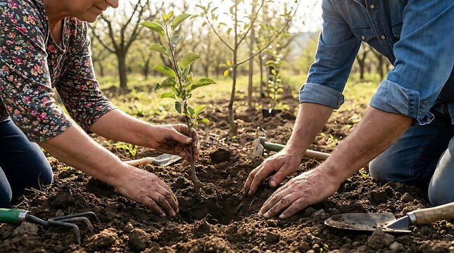 Couple planting young tree sapling in garden soil.