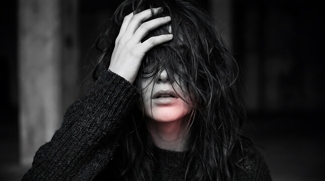 Portrait of a young woman with hair covering her face expressing deep sadness and emotional distress