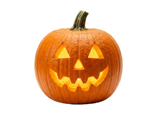 Glowing carved orange pumpkin jack-o-lantern with a spooky smiling face and green stem isolated featured on transparent background © Hosnibee_PNG