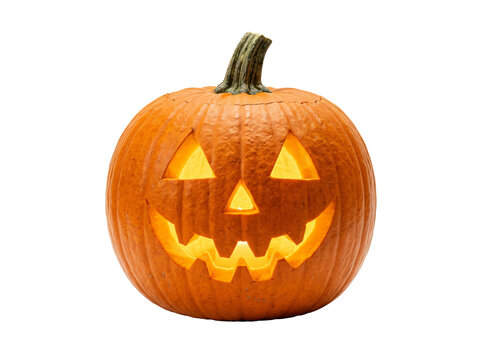 Glowing carved orange pumpkin jack-o-lantern with a spooky smiling face and green stem isolated featured on transparent background
