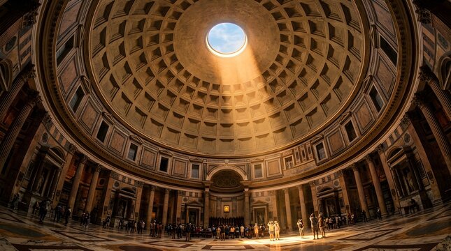 Interior view of the pantheon dome in rome with sunlight beam through oculus