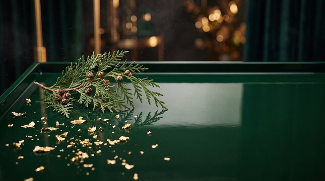 Deep Forest Green Lacquer Surface with Floating 24k Gold Leaf Flakes Christmas Banner for