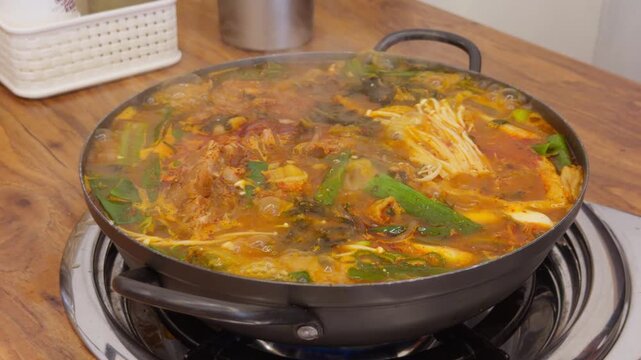 Korean Pork Spine Potato Soup Gamjatang All Ingredients Mixed Boiling Close-Up