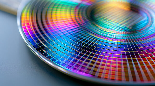 Extreme macro of an iridescent silicon wafer covered with fine electronic circuit patterns, advanced semiconductor technology, microchip fabrication, electronics industry,