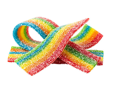 Vibrant rainbow sour candy strips featuring a delicious sugary coating and bright multi-colored layers displayed beautifully on transparent background