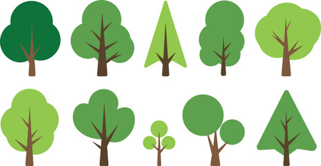 Simple green trees vector set featuring flat style forest plants deciduous and coniferous tree icons isolated on white background. © SARIFA