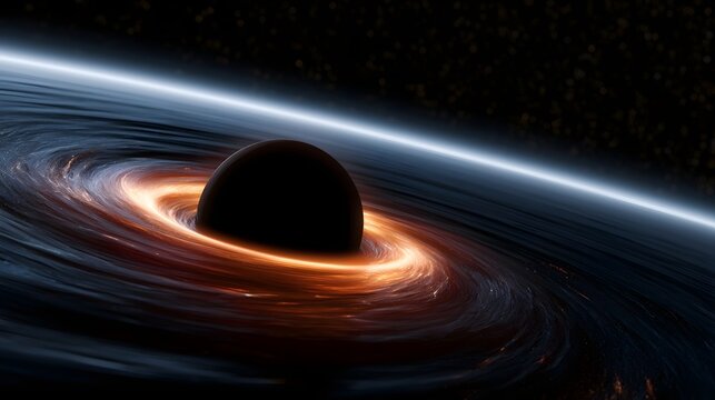 A black hole with a glowing accretion disk swirling around it against a dark starry background