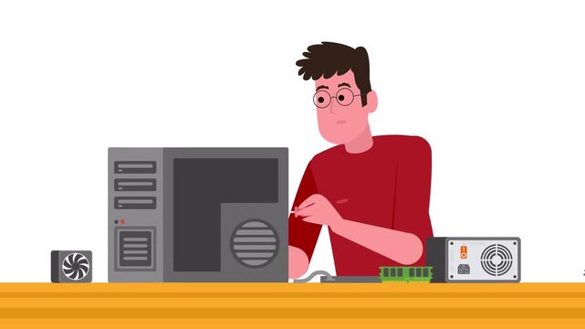 Stylized 2D animated man repairing a desktop computer with computer components and hardware parts on a workbench.