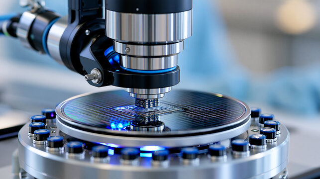 Advanced semiconductor wafer inspection system measuring microscopic circuit dimensions inside a sterile cleanroom, precision metrology, chip quality control, integrated circuits,