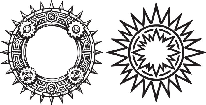 Circular steampunk gear frame with spikes and mechanical cogwheels.