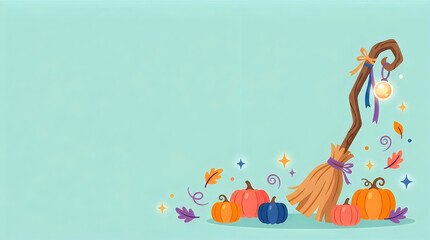 Fototapeta premium Witch broomstick with pumpkins and fall leaves vector background
