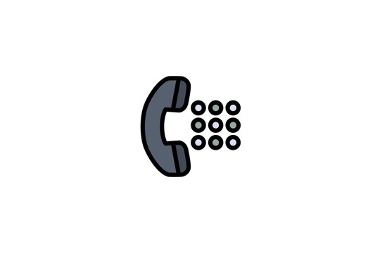 Grey-filled outline vector icon depicting a classic telephone handset receiver next to a nine-button numeric dialing keypad grid