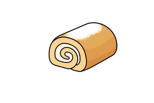 Isometric cartoon vector illustration depicting a sweet Swiss roll cake slice filled with white cream and dusted with powdered sugar on top