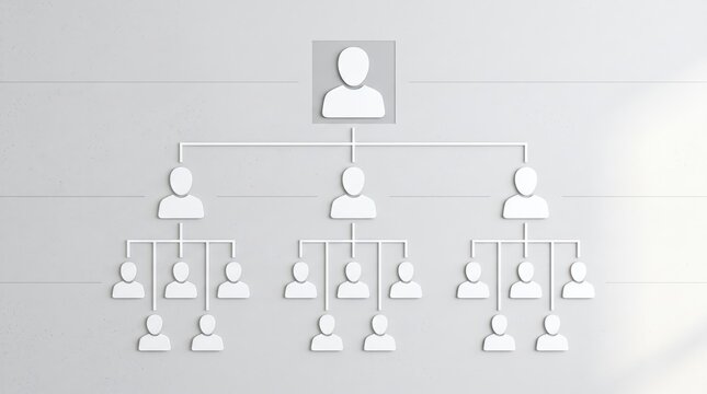 White 3D organizational hierarchy chart mounted on clean wall, corporate structure diagram, business team management, leadership pyramid visualization, human resources planning