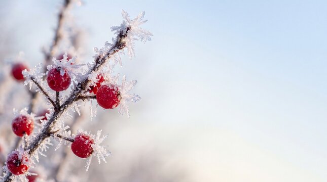 Extreme Macro Shot of Feathery Hoarfrost Crystals Coating Crimson Winterberries Christmas Banner for Seasonal