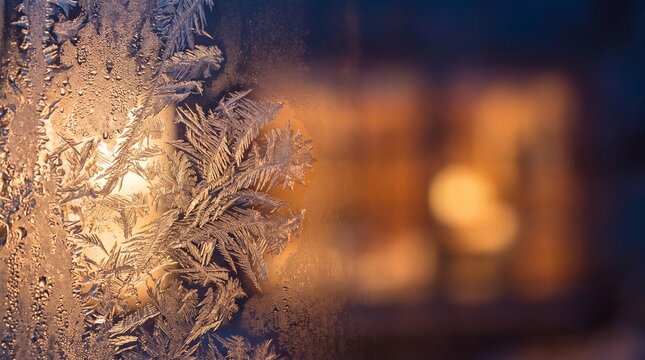 Delicate Frost Lace Patterns Blooming Across Chilled Window Glass Pane Christmas Banner for Seasonal