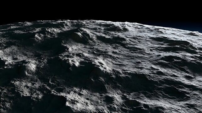 A detailed view of a rocky celestial body s surface under stark lighting  showing craters and uneven terrain against a dark void