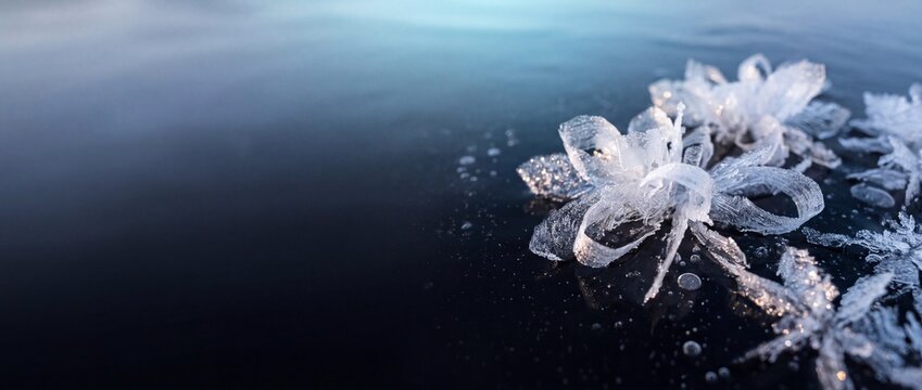 Natural Dendritic Frost Flowers Blooming on Smooth Frozen Pond Ice Christmas Banner for Seasonal