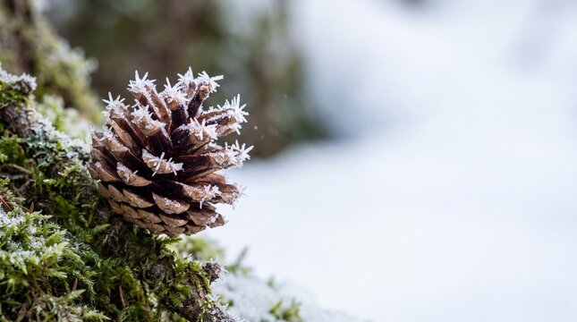 Frosted Dry Hemlock Cone with Individual Crystalline Ice Spikes in Focus Christmas Banner for