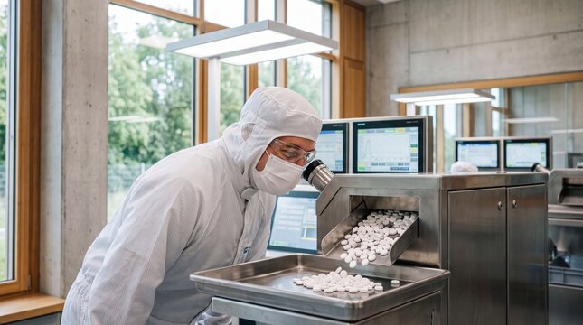 Operator in Sterile Bunny Suit Inspecting White Embossed Medicinal Tablets Tumbling Onto Collection Tray