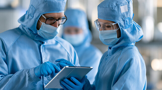 Faceless male and female semiconductor workers inspecting wafers while reviewing production data on a tablet, cleanroom technology, chip manufacturing, industrial teamwork,