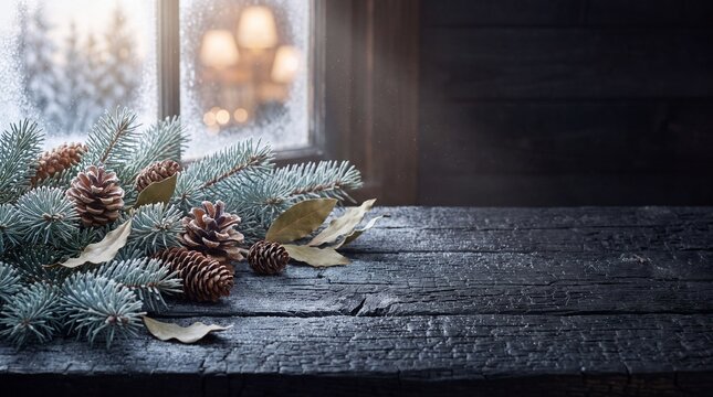 Foraged Winter Pinecones and Frosted Spruce Needles on Dark Charred Oak Christmas Banner for