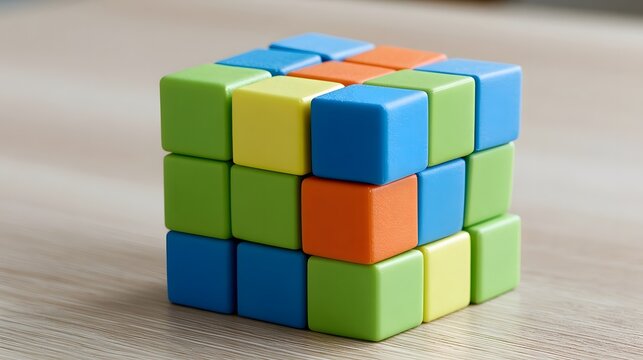 A colorful cube puzzle made of interlocking blocks in bright hues  resting on a smooth wooden surface under soft natural light
