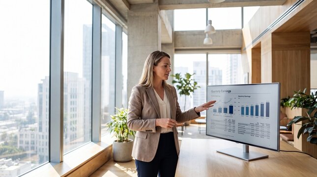 Confident Founder Presenting Quarterly Earnings Dashboard on Sleek Ultra-thin Monitor in Sunlit Corner Office