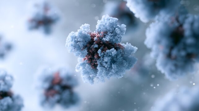 A detailed scientific visualization of a molecular structure with blue and pink crystalline formations floating in a soft background