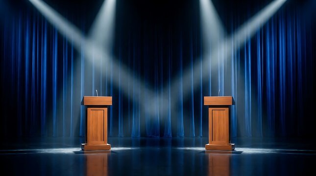 Two wooden podiums on a stage with blue curtains