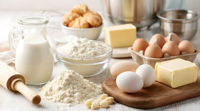 Baking ingredients like flour, milk, eggs, and butter with kitchen tools for home cooking preparation. Beginner baking guide