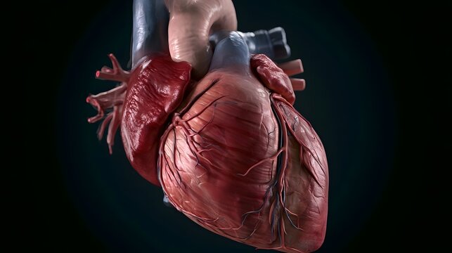 A detailed anatomical model of the human heart with visible chambers  valves  and major blood vessels against a dark background