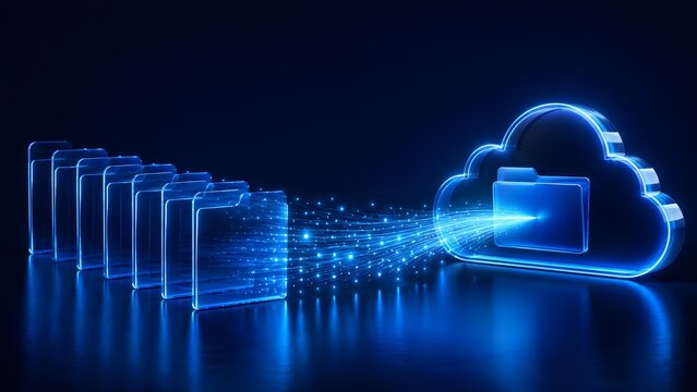 Digital folder files converting into glowing data stream for synchronization with cloud computing network storage