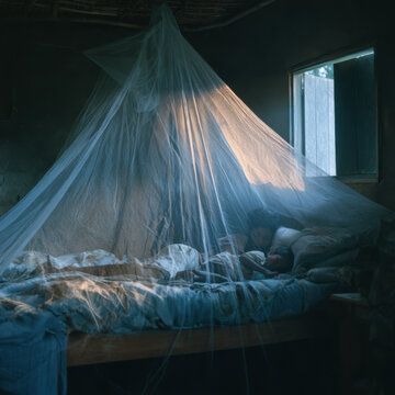 Family sleeping under a protective mosquito net on a wooden bed in a rustic bedroom
