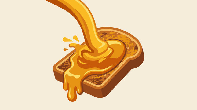 Vector illustration of syrup being poured on toast. Golden sweet liquid splashing onto bread slice. Warm brown breakfast food icon with sticky honey or maple texture. Top view graphic design