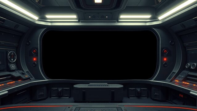 Dark spaceship interior. Control panels, lights illuminate empty space. Futuristic design, metallic textures dominate scene. Minimalist aesthetic.