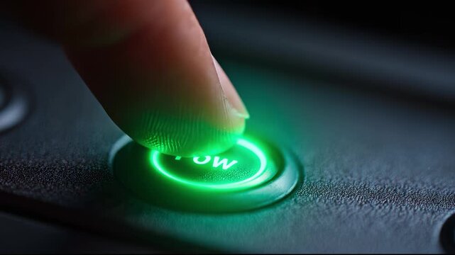 Finger pressing illuminated power button turning on computer