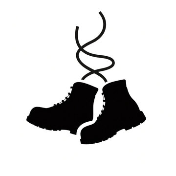 Minimalist black boots silhouette, hiking work boots with tied laces, industrial footwear icon for outdoor adventure and safety