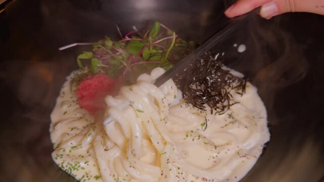 Fusion Mentaiko Udon with Cream Sauce Soft Boiled Egg and Seaweed Close-Up