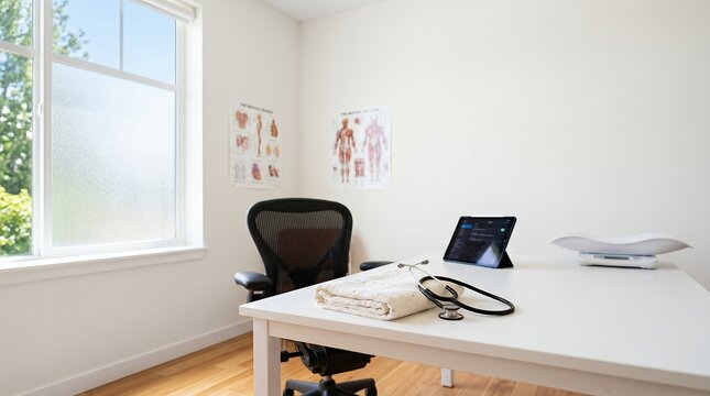 Modern doctor office interior with medical equipment and anatomical charts on the wall.