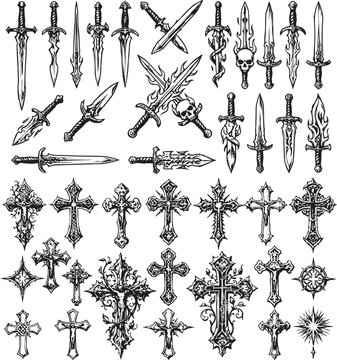 Collection of gothic crosses and ornamental elements for tattoo design.