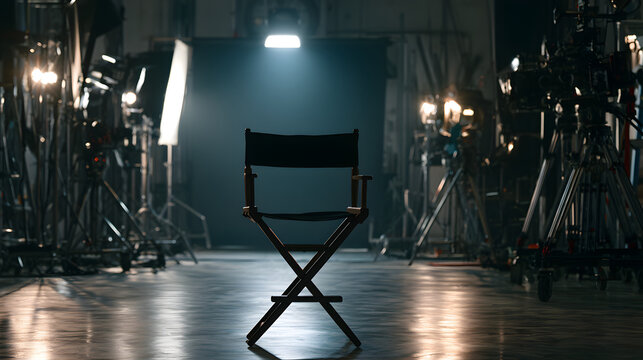 A director's chair left empty on a professional film set, equipped with studio lighting, camera gear, and production materials for movie and TV production