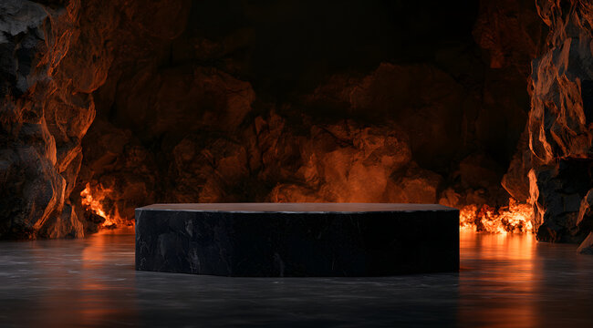 A dark marble podium jutted out of the rocky cave, bathed in a warm orange light. Glowing embers illuminated the rugged stone backdrop, creating an atmospheric, dimly lit underground scene. The minima
