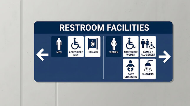 A blue directional sign for restroom facilities mounted on a light grey wall
