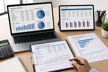 Obraz premium Modern financial workspace with spreadsheets, charts, reports, and business data for financial planning and analysis.