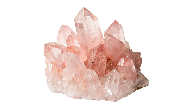 Natural raw pink quartz crystal cluster isolated on transparent background