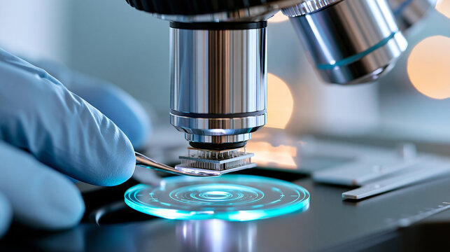 Precision microscope inspecting stacked semiconductor chiplets in an advanced cleanroom laboratory, chiplet architecture, semiconductor packaging, photonic interconnects, AI