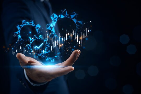 Automation and Data Analytics for Business Productivity. Businessman holding digital gears and rising financial charts, symbolizing data analytics, business growth, and system performance improvement