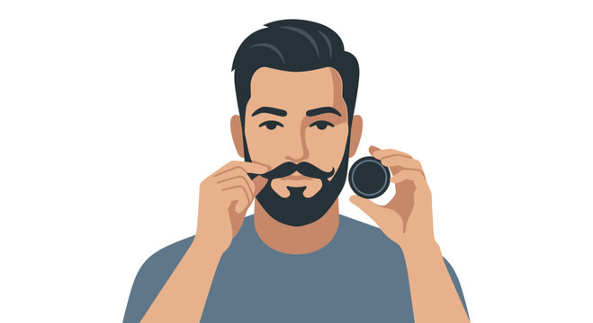 Minimalist vector illustration of a stylish man with a dark beard and handlebar mustache applying grooming wax or beard balm from a small tin, isolated on a white background.
